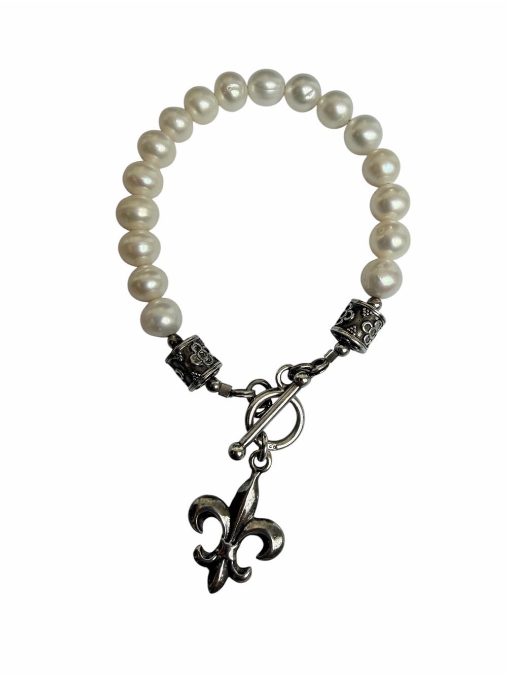 Faux Pearl Sterling Silver Toggle Bracelet Fleur De Lis French Women’s
